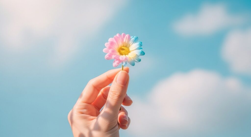 A person gently holds a small flower in their hand,