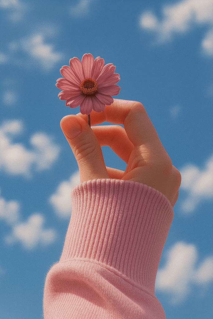 A person holds a pink flower against a clear blue sky