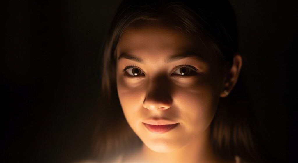A woman holds a lit candle