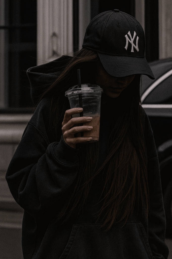A woman in a baseball hat and hoodie