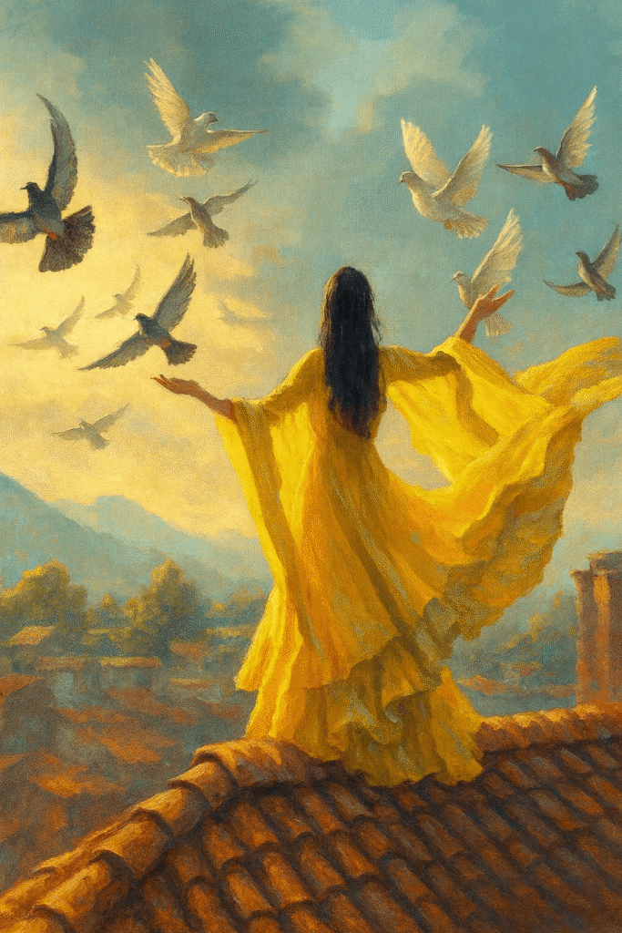 A woman in a yellow dress stands on a roof