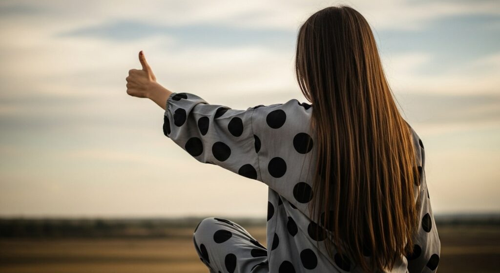 A woman in polka dot pajamas points at something off-screen with a curious expression