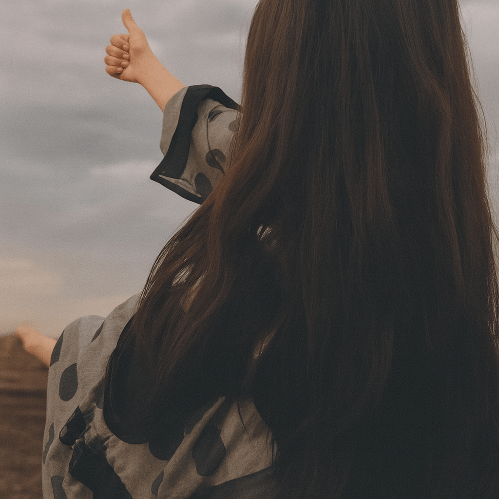 A woman sitting on a hill raises her hand