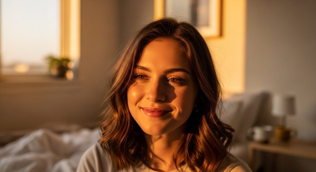 A woman smiles warmly while sitting comfortably in bed