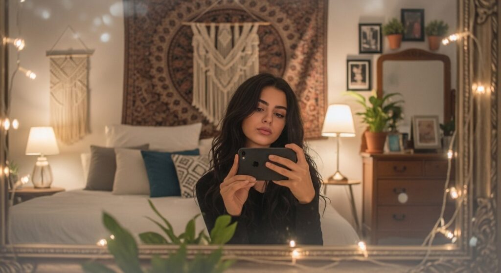 A woman smiling while taking a selfie in front of a mirror