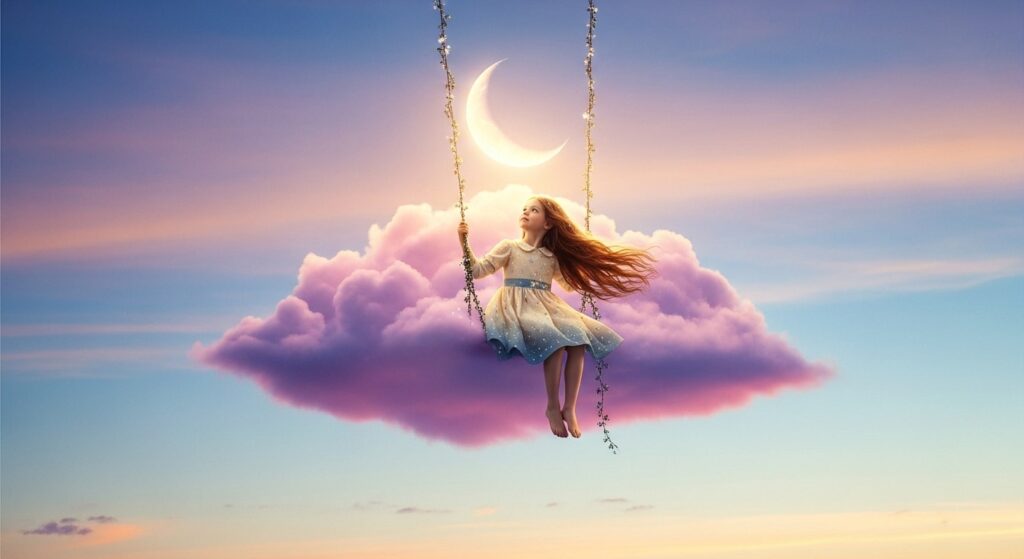 A woman swings on a soft cloud