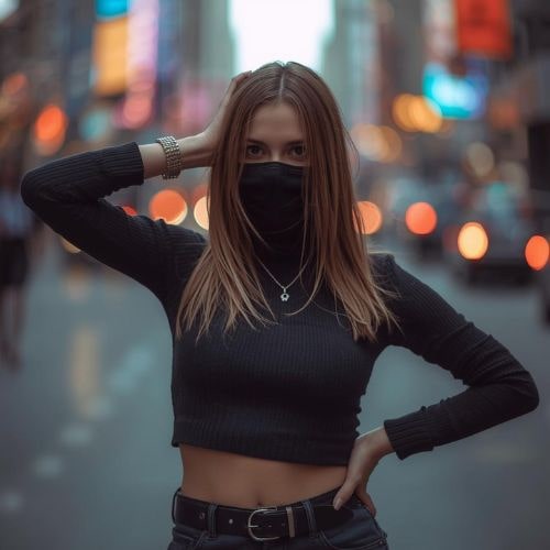 A woman wearing a face mask stands in an urban setting