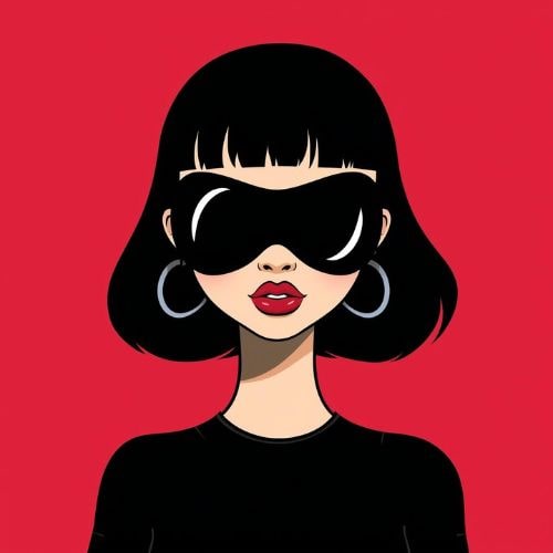 A woman with black hair and sunglasses stands against a vibrant red background