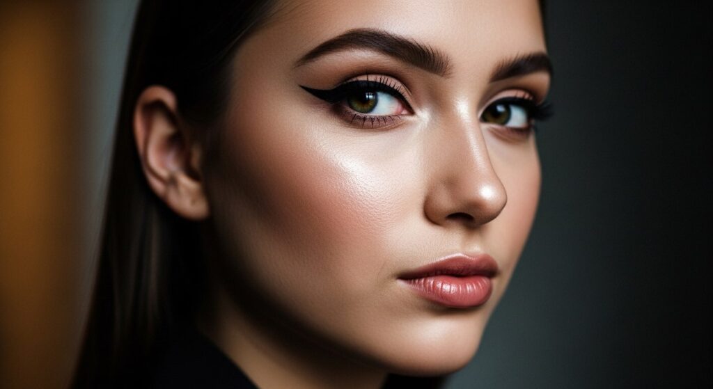 A woman with dark eyes and bold dark makeup