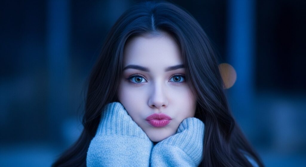 A woman with long hair and a striking blue eye gazes thoughtfully into the distance
