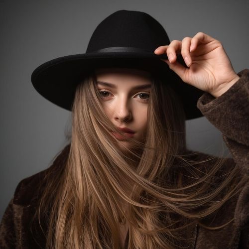 A woman with long hair wearing a stylish hat (4)