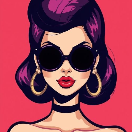 A woman with vibrant purple hair wearing stylish sunglasses