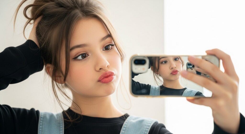 A young woman smiling while taking a selfie with her smartphone in a bright outdoor setting