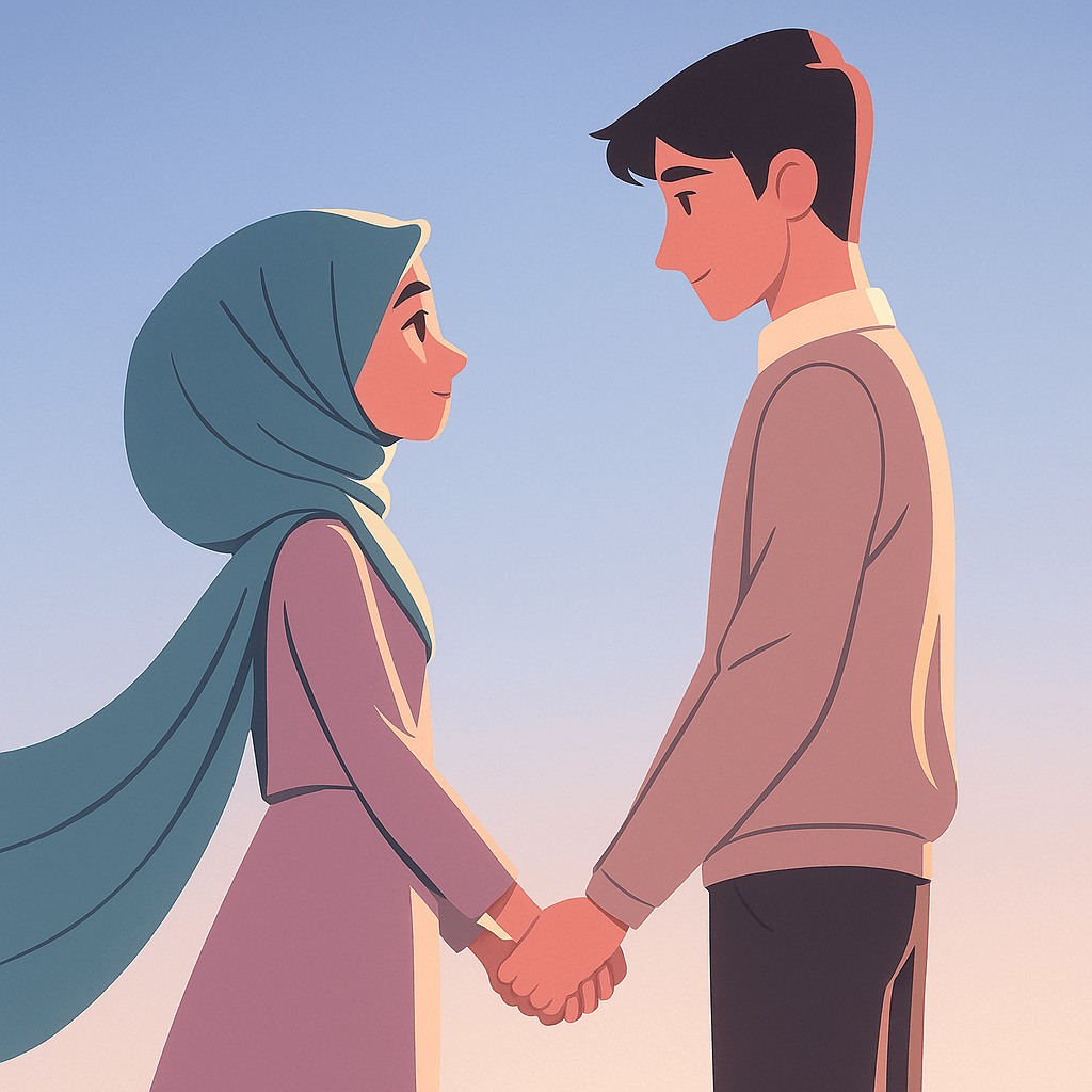 An illustration of a Muslim couple holding hands