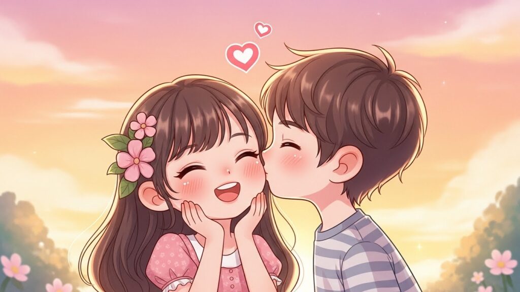 Anime couple sharing a kiss in a lush park