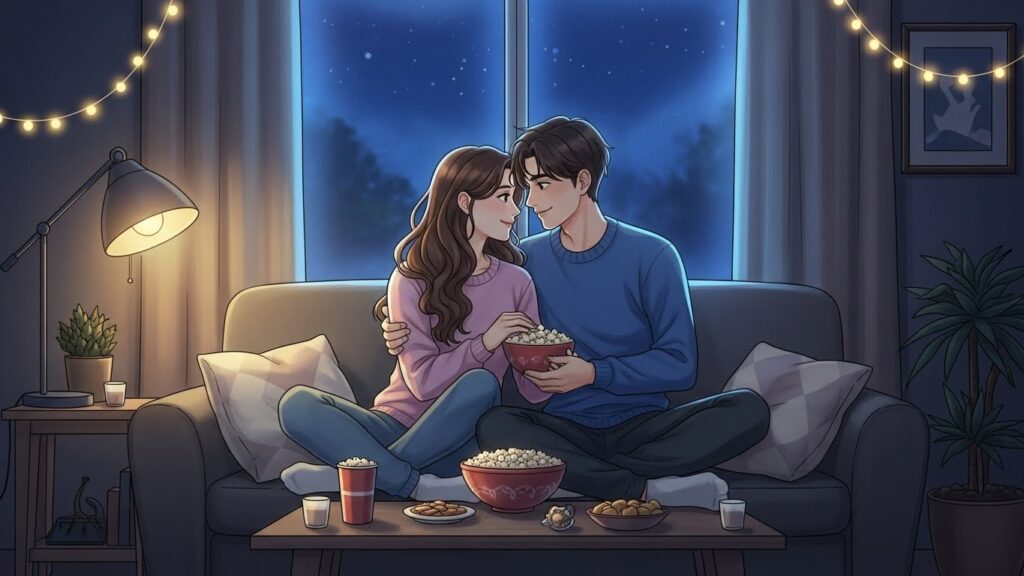 Anime couple sitting on a couch