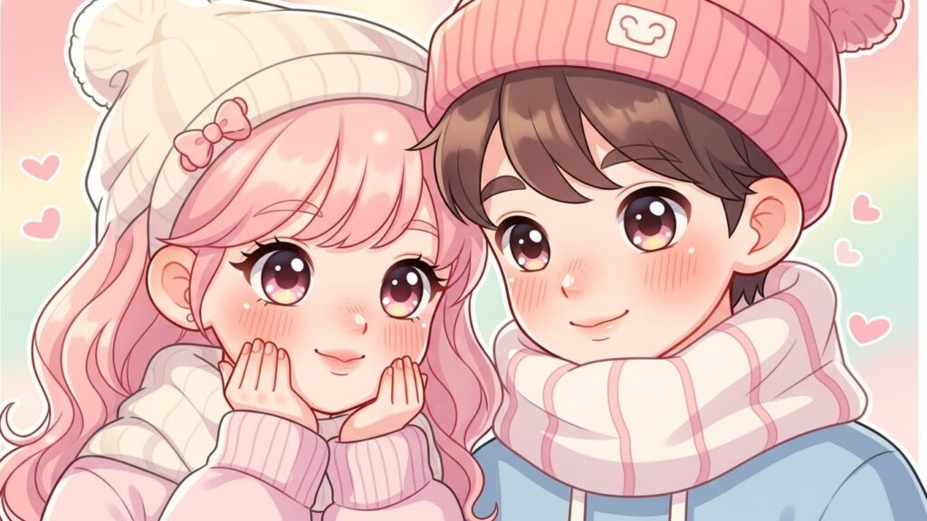 Anime couple with pink hair and blue eyes