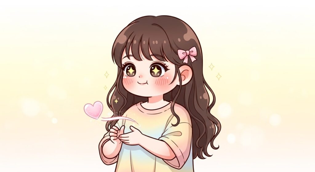 Anime girl with colorful hair holding a large heart