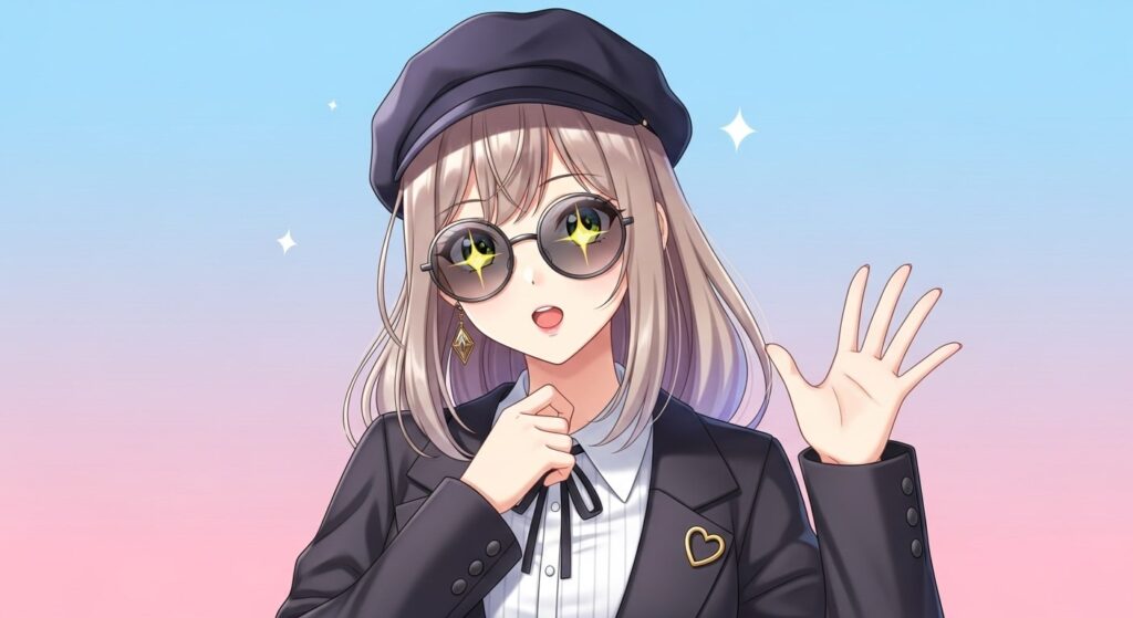 Anime girl with glasses and a hat raises her hand