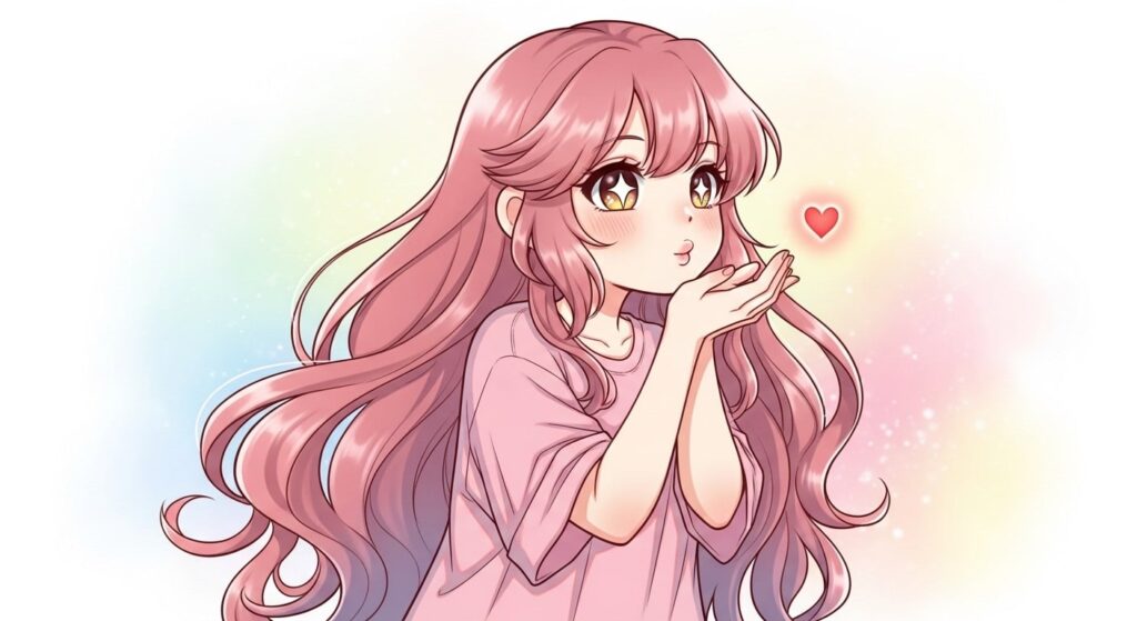 Anime girl with long hair blowing a heart