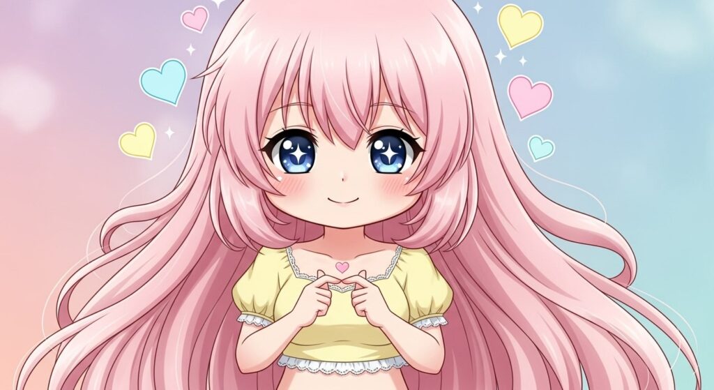 Anime girl with long pink hair and heart designs on her face