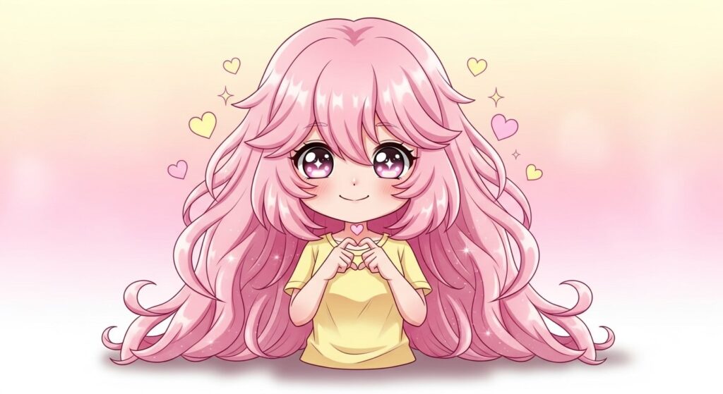 Anime girl with pink hair and heart-shaped eyes