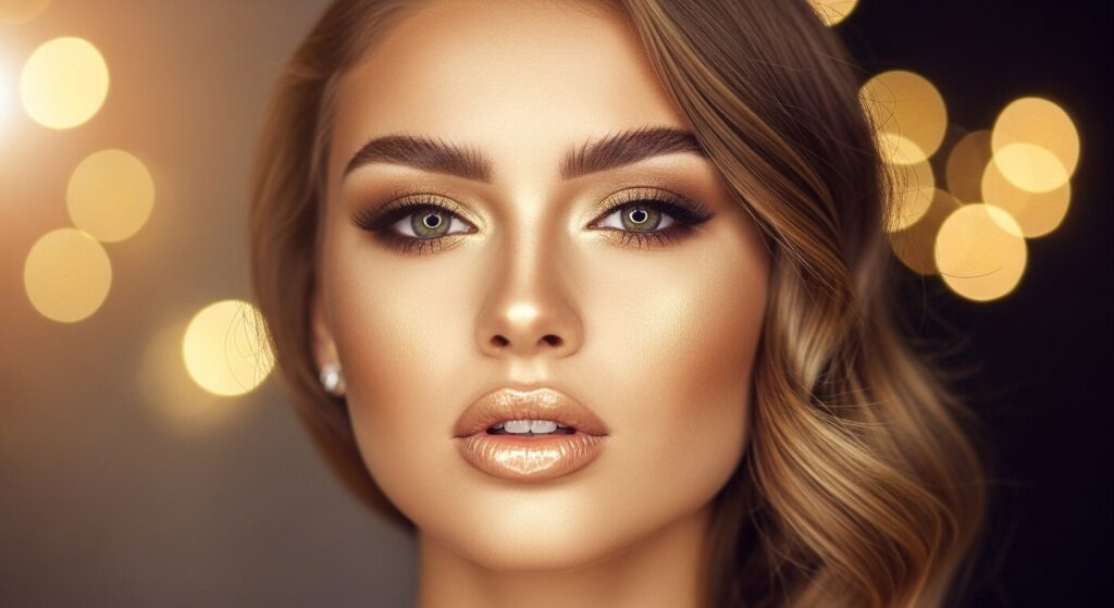 Beautiful woman with golden makeup and shimmering gold eye shadow