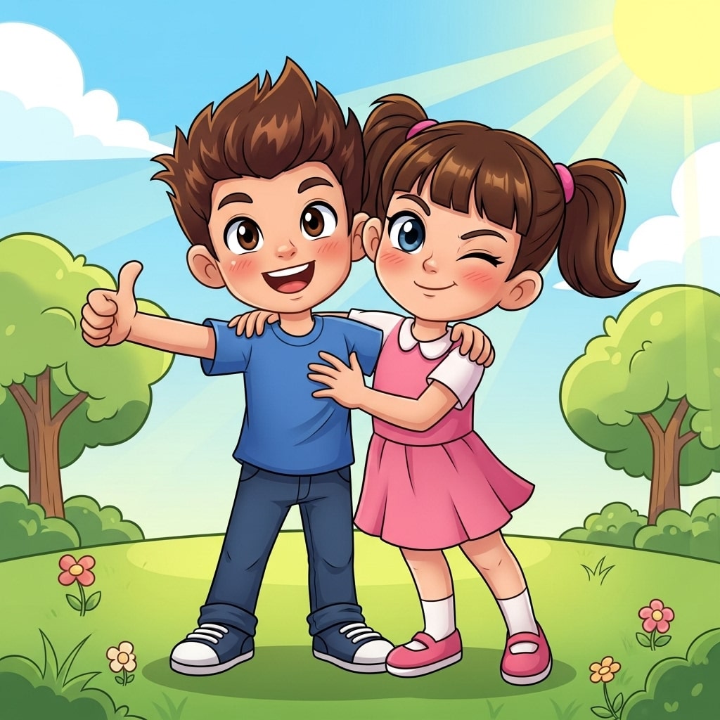 Cartoon boy and girl standing together in a sunny park