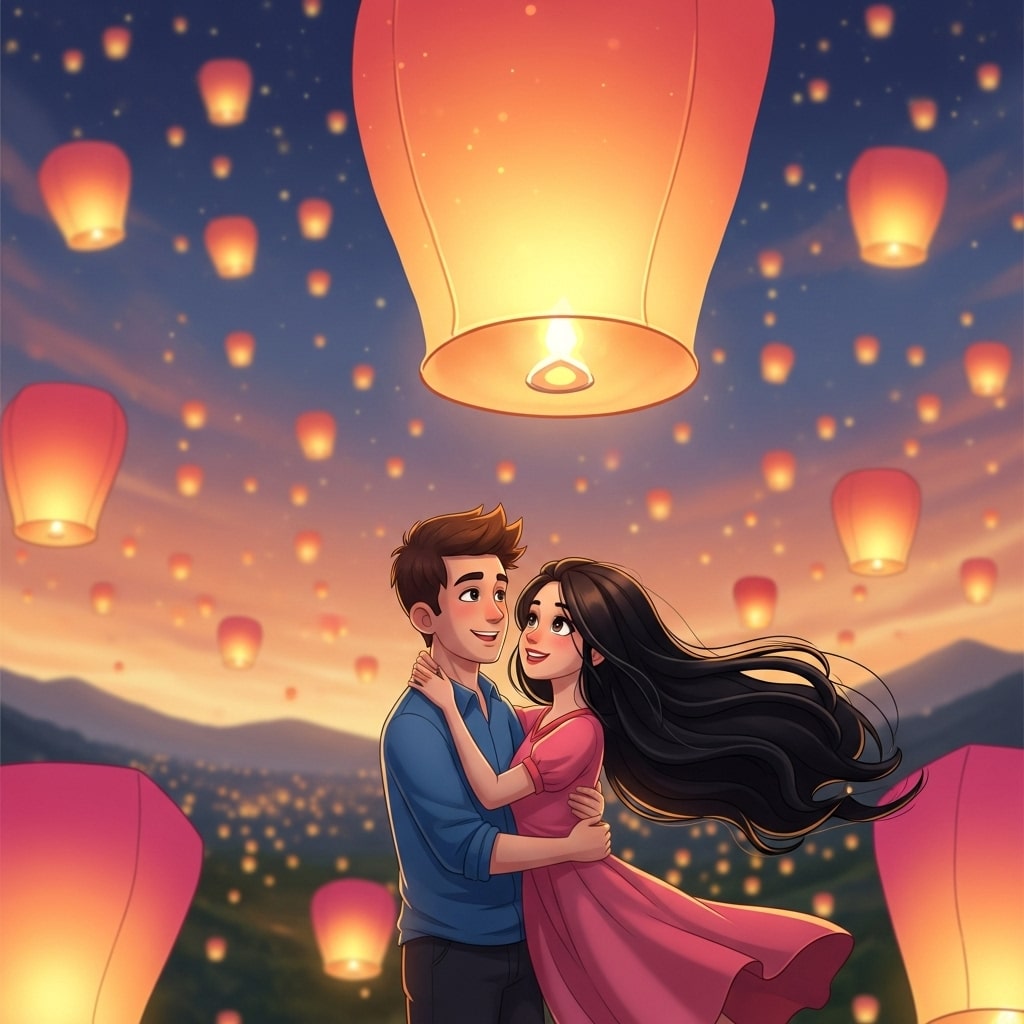 Cartoon couple celebrating a sky lantern festival, glowing lanterns all around
