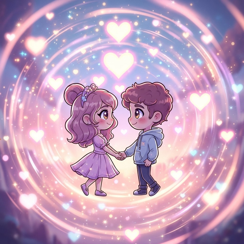 Cartoon couple holding hands in a whirlwind of floating glowing hearts