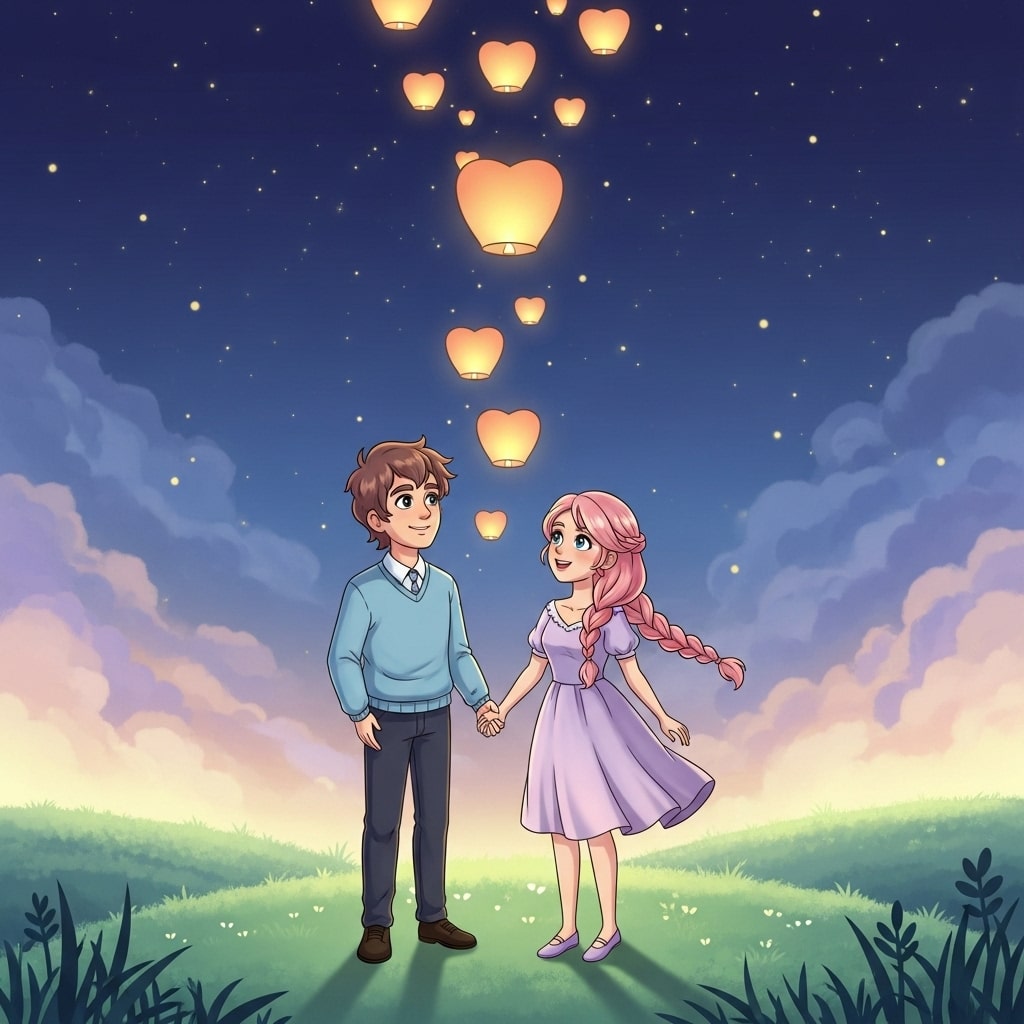 Cartoon couple releasing a cascade of glowing heart-shaped lanterns into a sparkling night sky