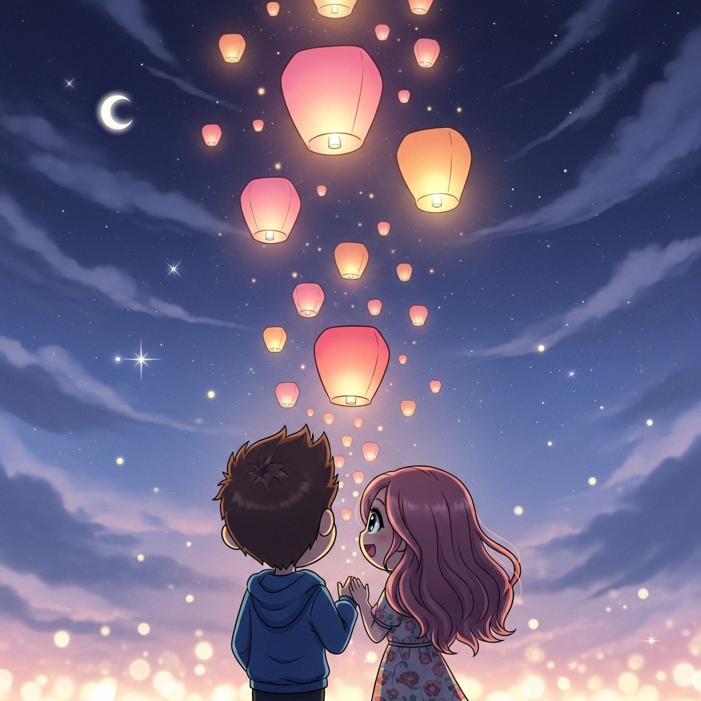 Cartoon couple releasing glowing floating lanterns into the night sky