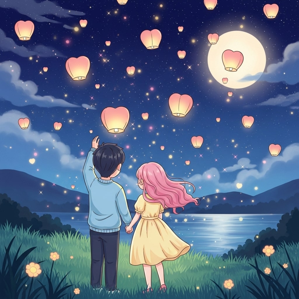 Cartoon couple releasing glowing heart-shaped lanterns into the starry night