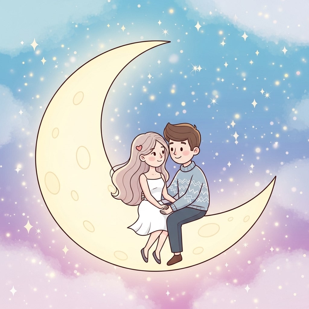 Cartoon couple riding a giant glowing moon