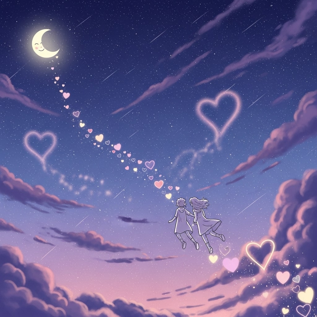 Cartoon couple riding glowing stars across a night sky