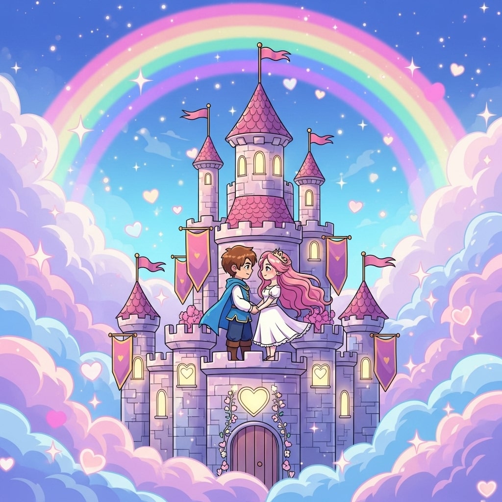 Cartoon couple standing on a floating castle in the sky