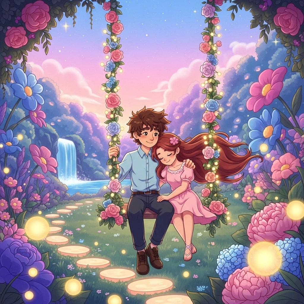 Cartoon couple swinging on a flower-decorated swing in a magical garden