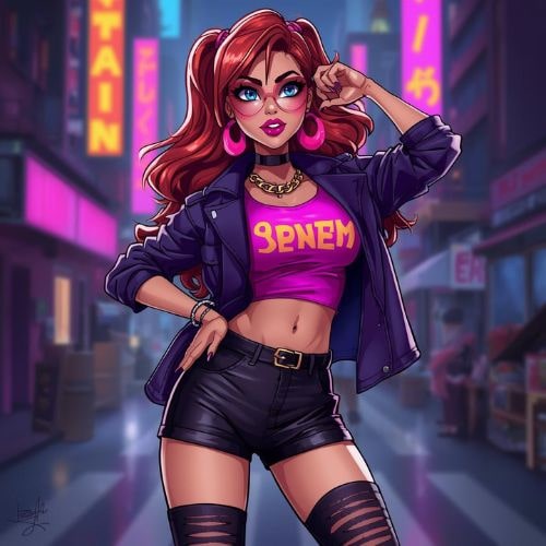 Cartoon girl wearing a neon top and shorts