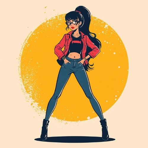 Cartoon girl wearing a red jacket and jeans
