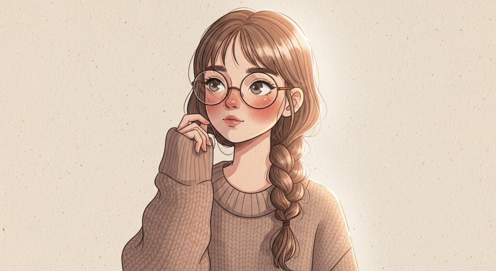 Cartoon girl wearing glasses and a cozy sweater