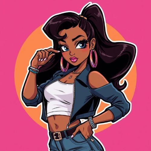 Cartoon girl with long hair wearing a black top