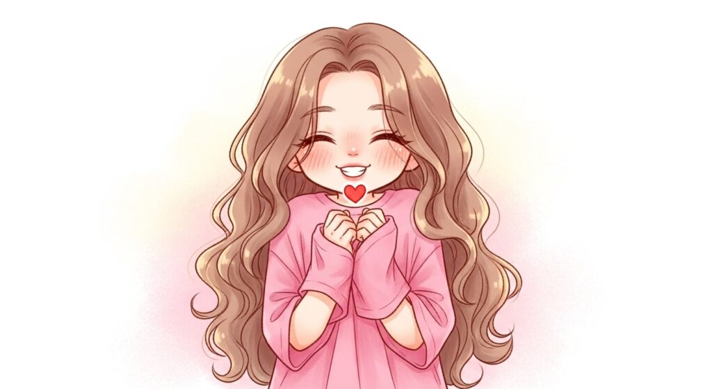 Cartoon girl with long hair wearing a pink sweater