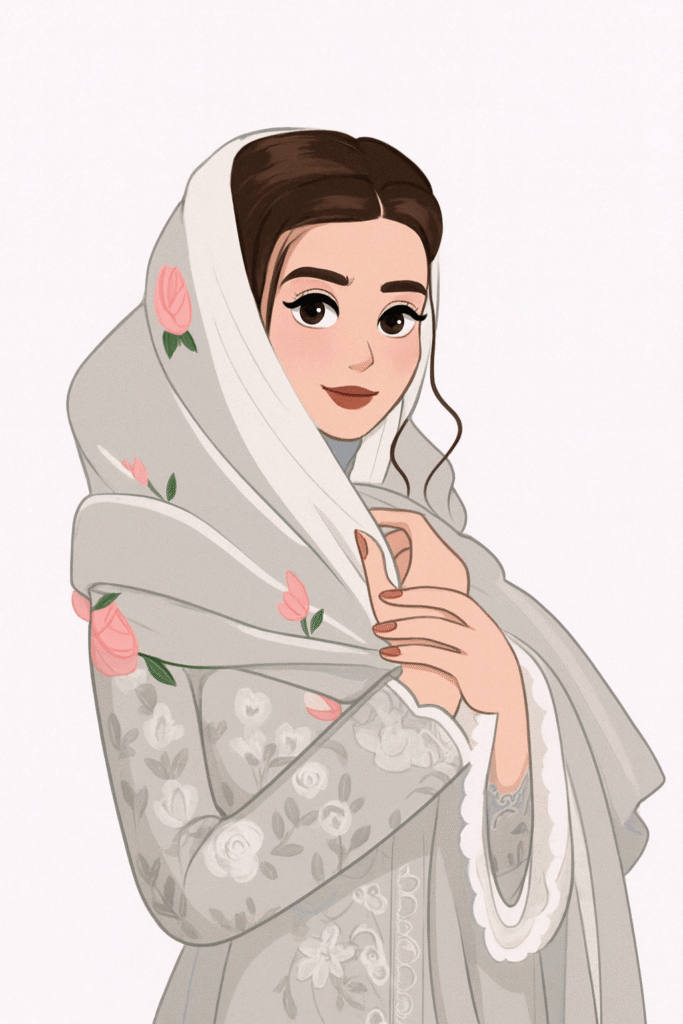 Cartoon illustration of a woman wearing a colorful traditional dress