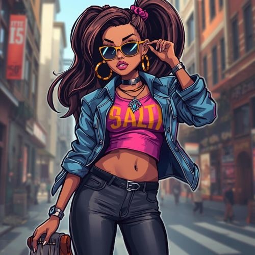 Cartoon woman wearing a pink top and jeans