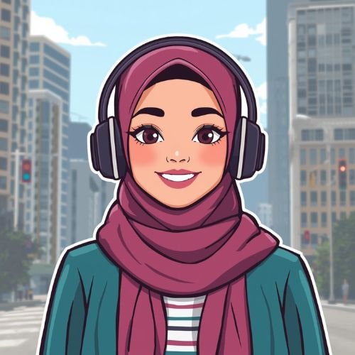 Cartoon woman with headphones and a scarf