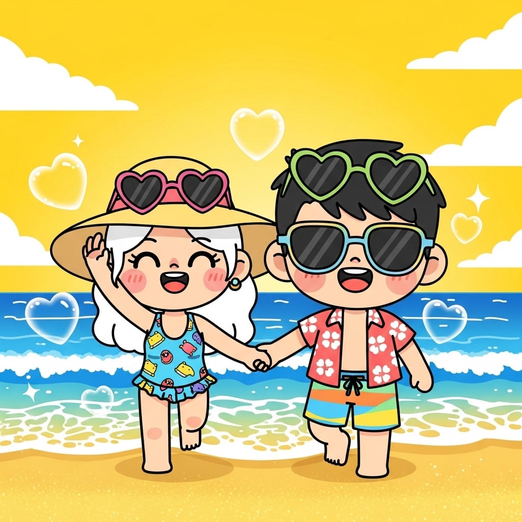 Cute cartoon couple enjoying a sunny day on the beach