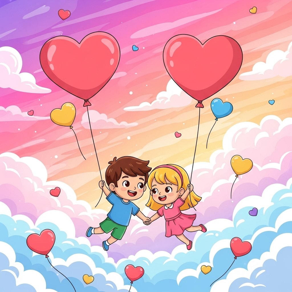 Cute cartoon couple floating in air with giant heart-shaped balloon