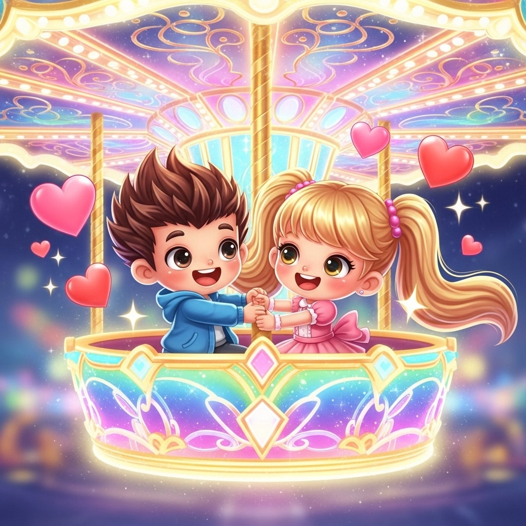 Cute cartoon couple on a glowing magical carousel