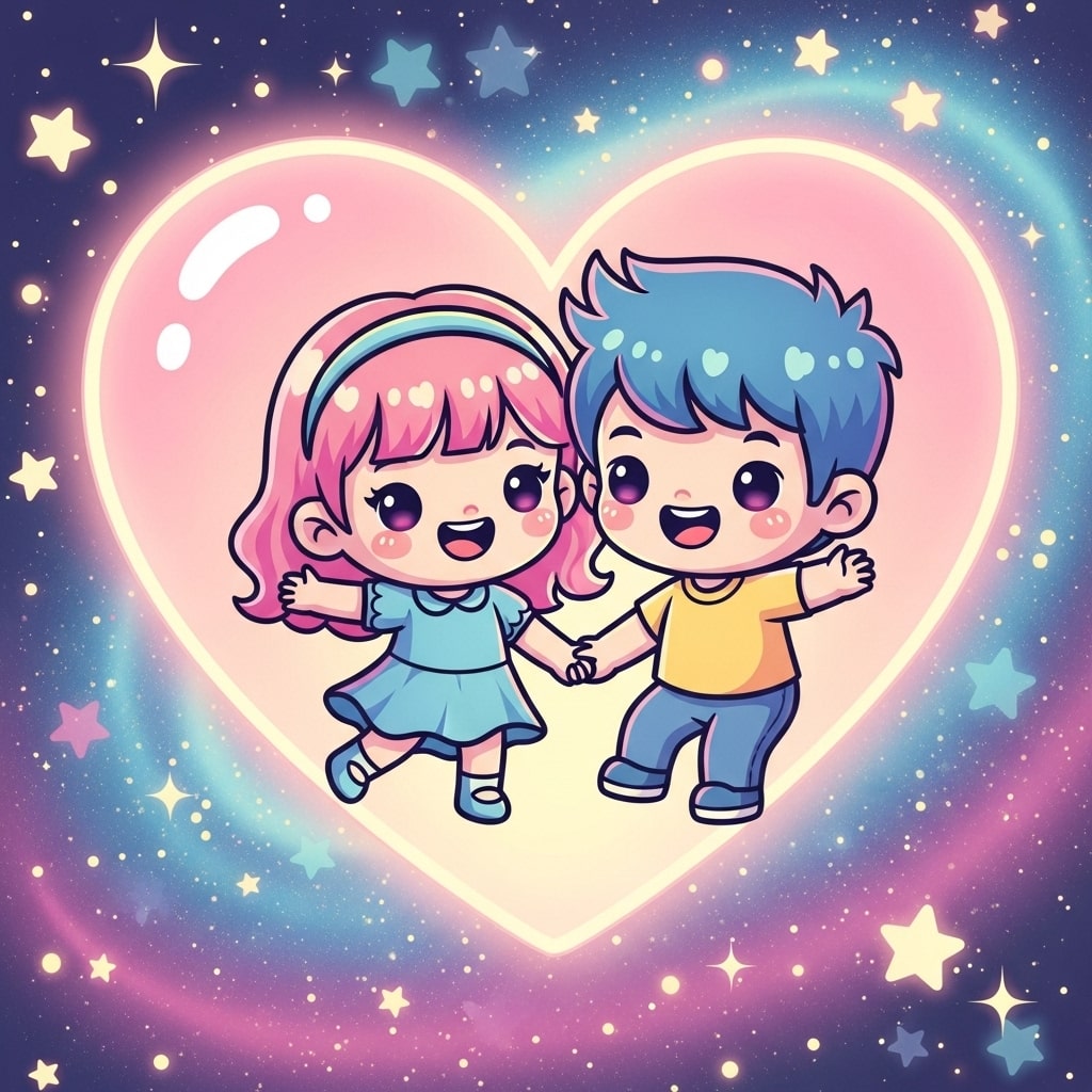 Cute cartoon couple riding a giant glowing heart through a starry galaxy