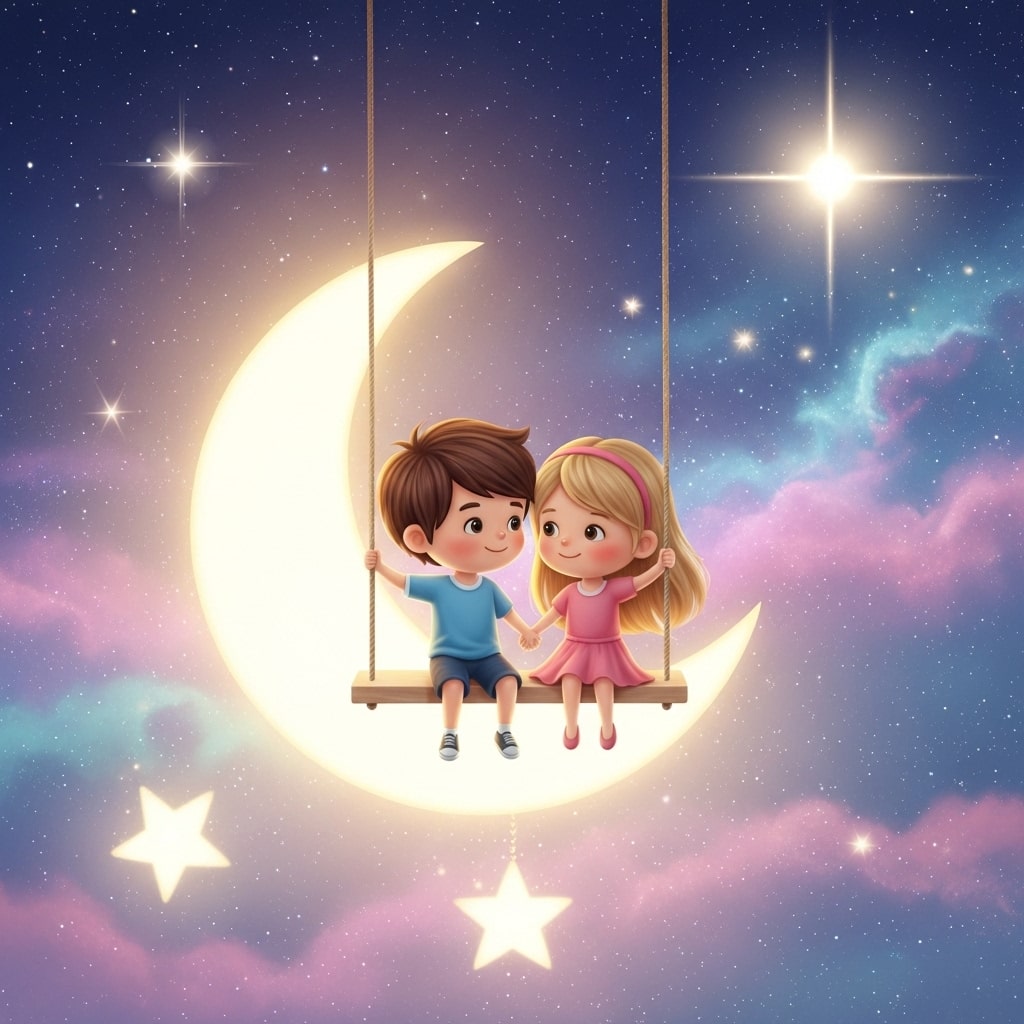 Cute cartoon couple swinging together on a glowing star
